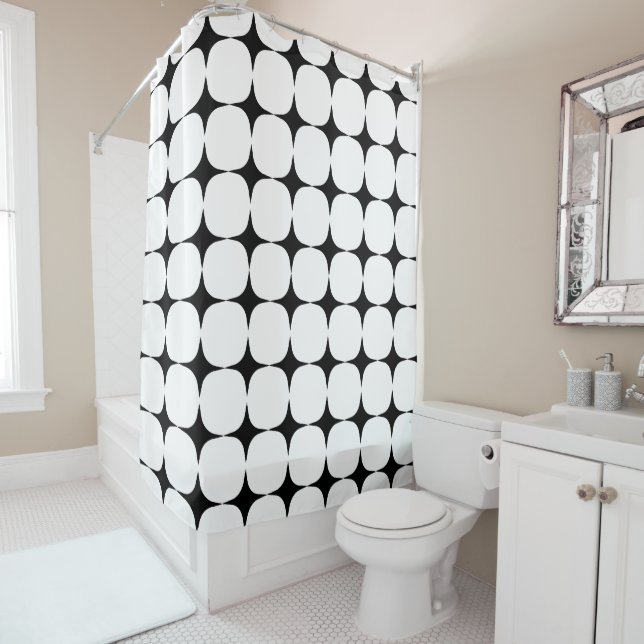 Simple Mid Century Modern Black and White Pattern Shower Curtain (In Situ)