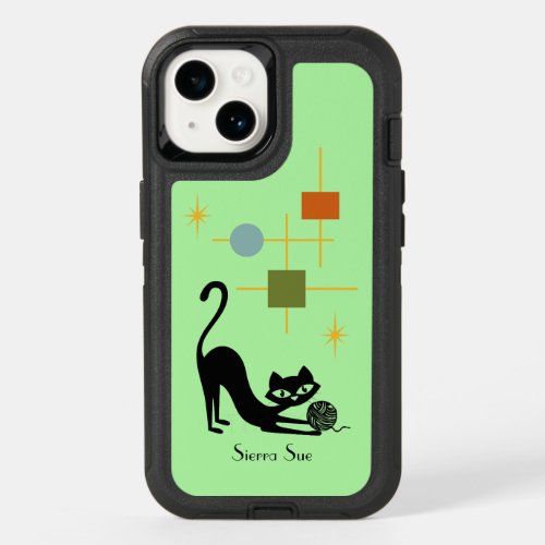 Simple Mid Century Modern Retro Black Cat Green OtterBox iPhone 14 Case