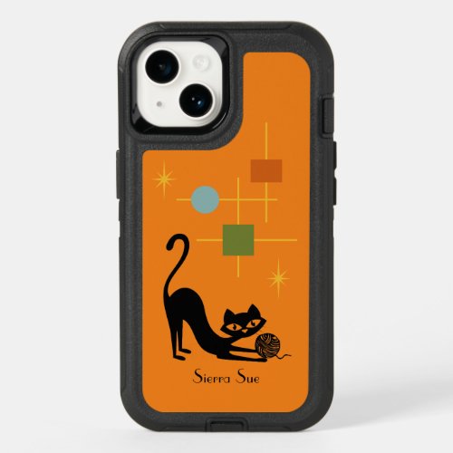 Simple Mid Century Modern Retro Black Cat Orange OtterBox iPhone 14 Case