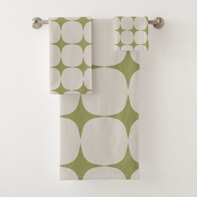 Simple Mid Century Modern Sage Green Pattern Bath Towel Set (Insitu)