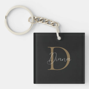 Simple Midnight Black Mossy Gold Script Monogram Keychain