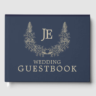 Simple Midnight Blue gold ornaments Wedding Guest Book