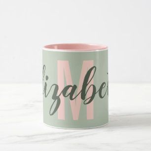 Simple Military Light Green Blush Pink Monogram Mug