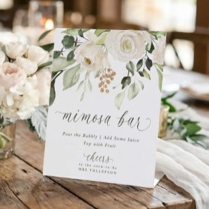 Simple Mimosa Bar Sign White Floral Greenery