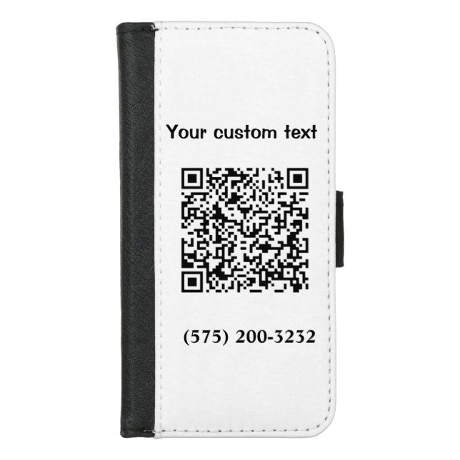 Simple minimal add barcode phone number text compa iPhone wallet case (Front)