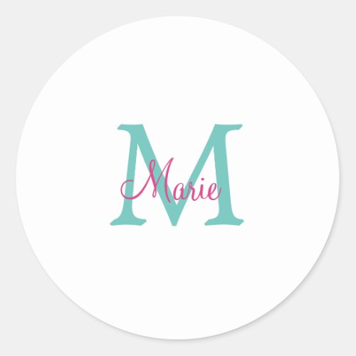 simple minimal add name monogram green pink blue t classic round sticker