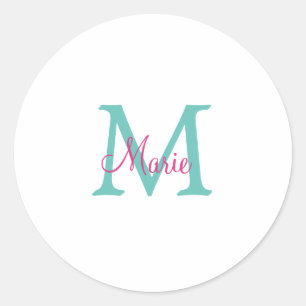 simple minimal add name monogram green pink blue t classic round sticker