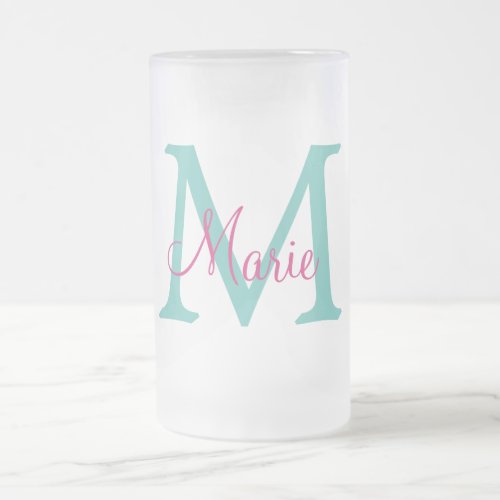 simple minimal add name monogram green pink blue t frosted glass beer mug