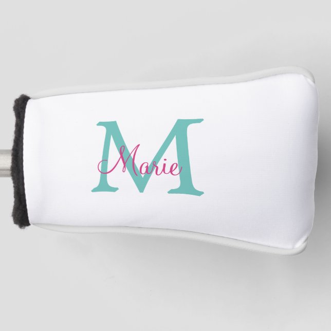 simple minimal add name monogram green pink blue t golf head cover (Front)