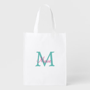 simple minimal add name monogram green pink blue t grocery bag