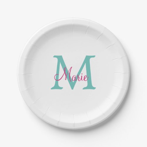simple minimal add name monogram green pink blue t paper plates