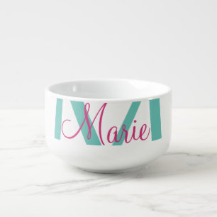 simple minimal add name monogram green pink blue t soup mug