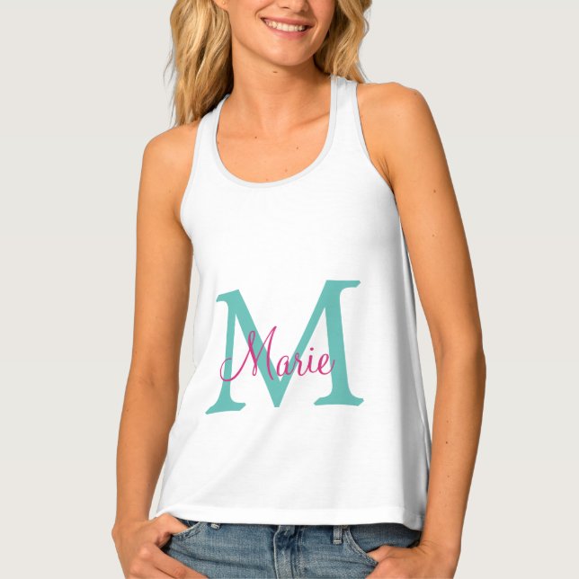 simple minimal add name monogram green pink blue t tank top (Front)