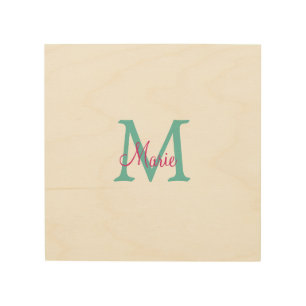simple minimal add name monogram green pink blue t wood wall art
