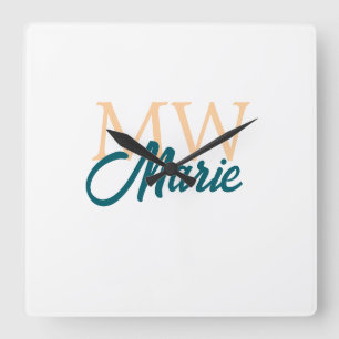 simple minimal add name monogram orange blue bold square wall clock