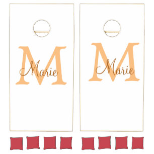 simple minimal add name monogram orange brown thr cornhole set