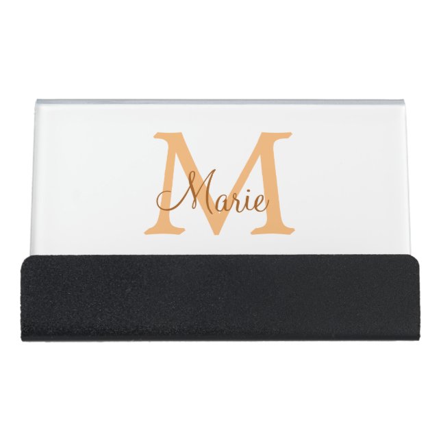 simple minimal add name monogram orange brown  thr desk business card holder (Front)