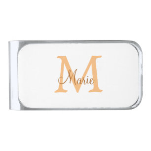 simple minimal add name monogram orange brown thr silver finish money clip
