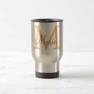 simple minimal add name monogram orange brown thr travel mug