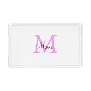 simple minimal add name monogram pink red acrylic tray