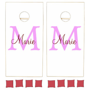 simple minimal add name monogram pink red cornhole set