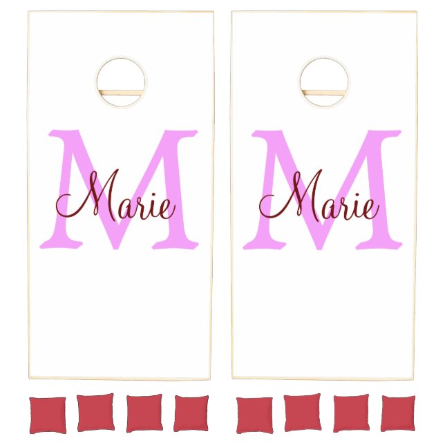 simple minimal add name monogram pink red  cornhole set (Set)