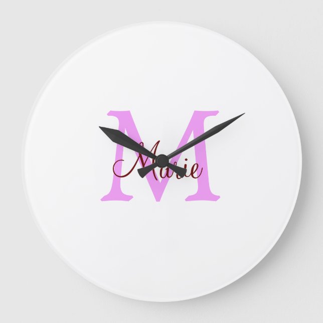 simple minimal add name monogram pink red  large clock (Front)