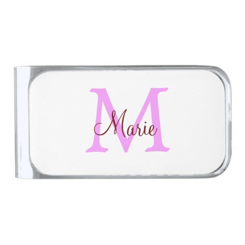 simple minimal add name monogram pink red   silver finish money clip