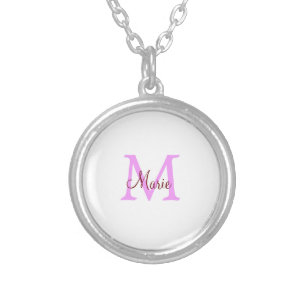 simple minimal add name monogram pink red silver plated necklace