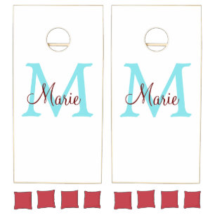 simple minimal add name monogram pink red throw cornhole set