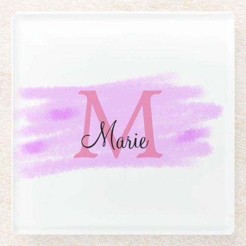 simple minimal add name monogram pink watercolor   glass coaster