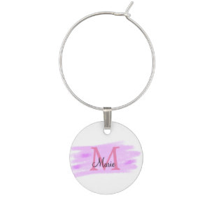 simple minimal add name monogram pink watercolor wine charm
