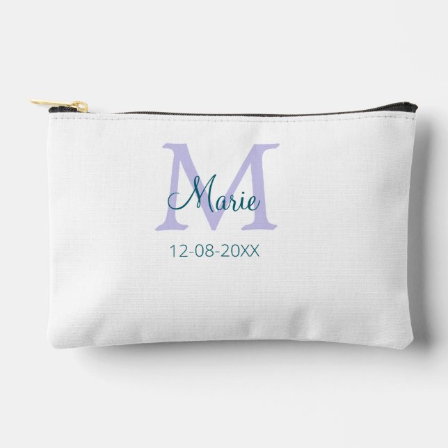 simple minimal add name monogram purple green date accessory pouch (Front)