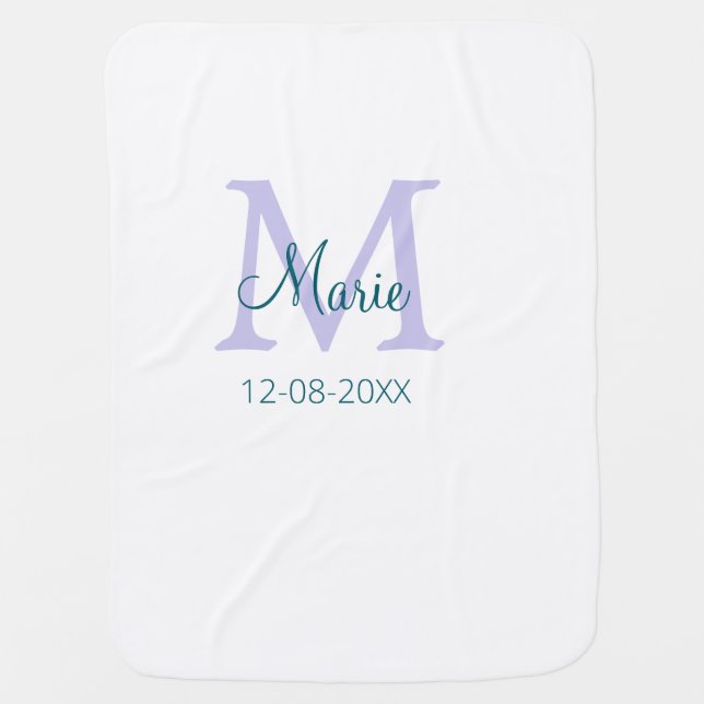 simple minimal add name monogram purple green date baby blanket (Front)