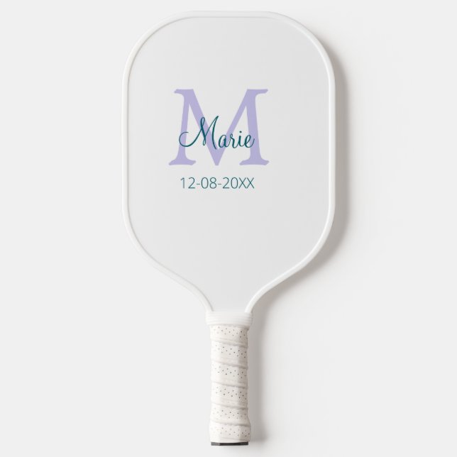 simple minimal add name monogram purple green date carbon fiber pickleball paddle  (Front)