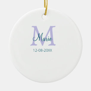 simple minimal add name monogram purple green date ceramic ornament