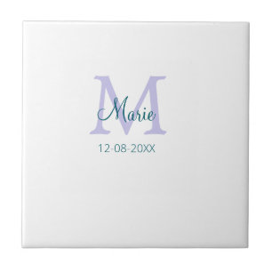 simple minimal add name monogram purple green date ceramic tile