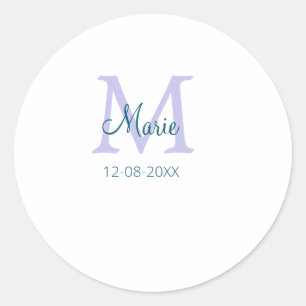 simple minimal add name monogram purple green date classic round sticker