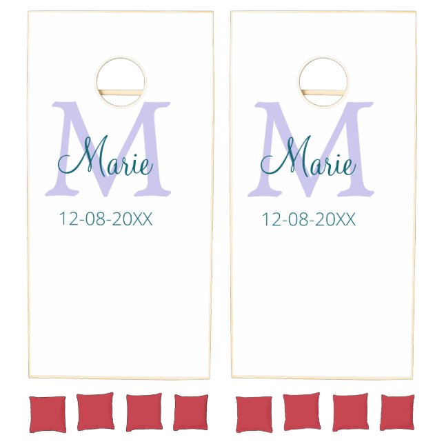 simple minimal add name monogram purple green date cornhole set (Set)