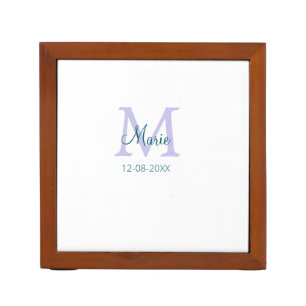 simple minimal add name monogram purple green date desk organizer
