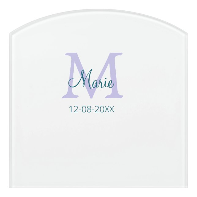 simple minimal add name monogram purple green date door sign (Contour Front)