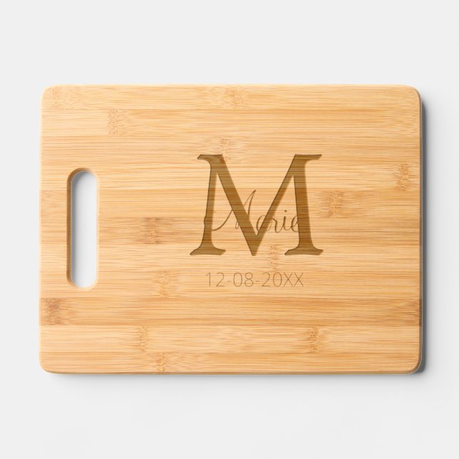 simple minimal add name monogram purple green date engraved cutting board (Front)