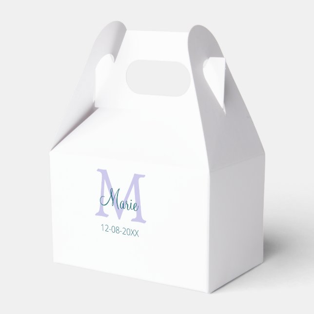simple minimal add name monogram purple green date favor boxes (Front Side)
