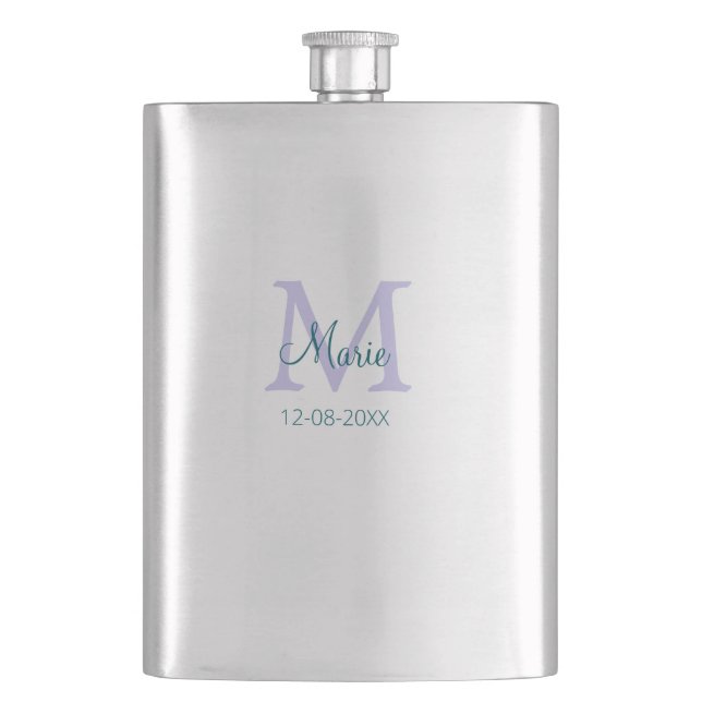 simple minimal add name monogram purple green date flask (Front)
