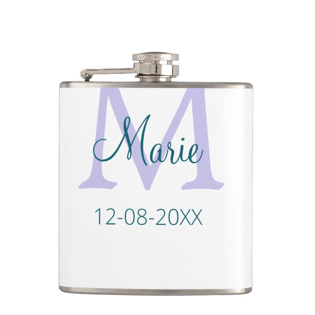 simple minimal add name monogram purple green date flask (Front)