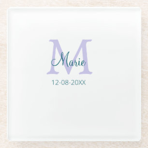 simple minimal add name monogram purple green date glass coaster