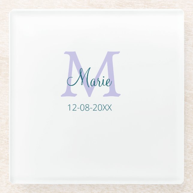 simple minimal add name monogram purple green date glass coaster (Front)