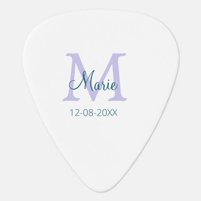 simple minimal add name monogram purple green date guitar pick (Front)