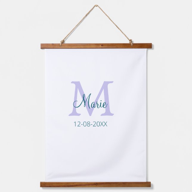 simple minimal add name monogram purple green date hanging tapestry (Front)