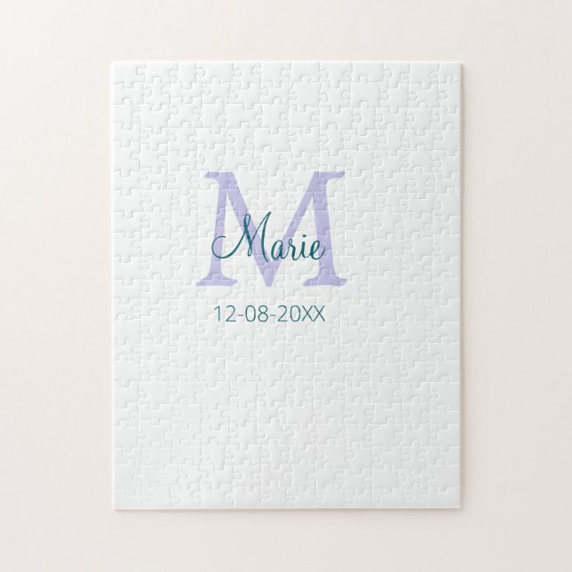 simple minimal add name monogram purple green date jigsaw puzzle (Vertical)